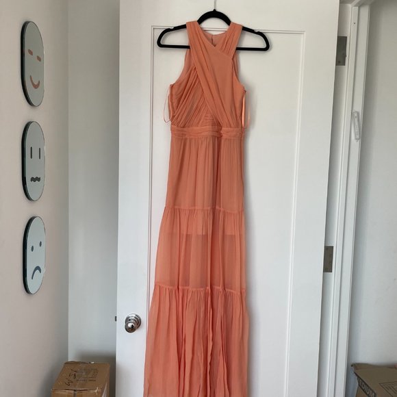 Veronica Beard Florencia Maxi-Length Dress Bright Coral Criss-cross Halter Neck - Picture 6 of 12